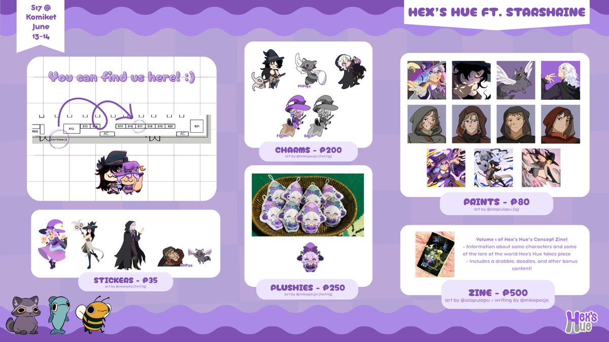 hexshue's tweet photo. Sorry for the late post! Hex's Hue is going to be at Komiket Pride in Centris Elements this weekend, at Table S17! We have character bundles available if you want to show your love for a specific character, and we also have a physical zine! #komiket2026 #komiketpride https://t.co/r9Na8n5Np9