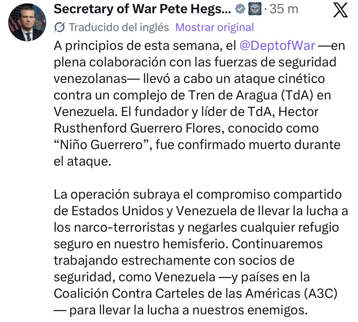 eduardomenoni's tweet photo. 🇺🇸🇻🇪 El Secretario de Guerra Pete Hegseth dice que fue en colaboración con fuerzas venezolanas, que se ELIMINÓ esta semana a alias “Niño Guerrero”, fundador y líder del Tren de Aragua, en un ataque preciso dentro de Venezuela.

¡Trump tiene totalmente domado al chavismo! https://t.co/3GiW3c4Z1Z