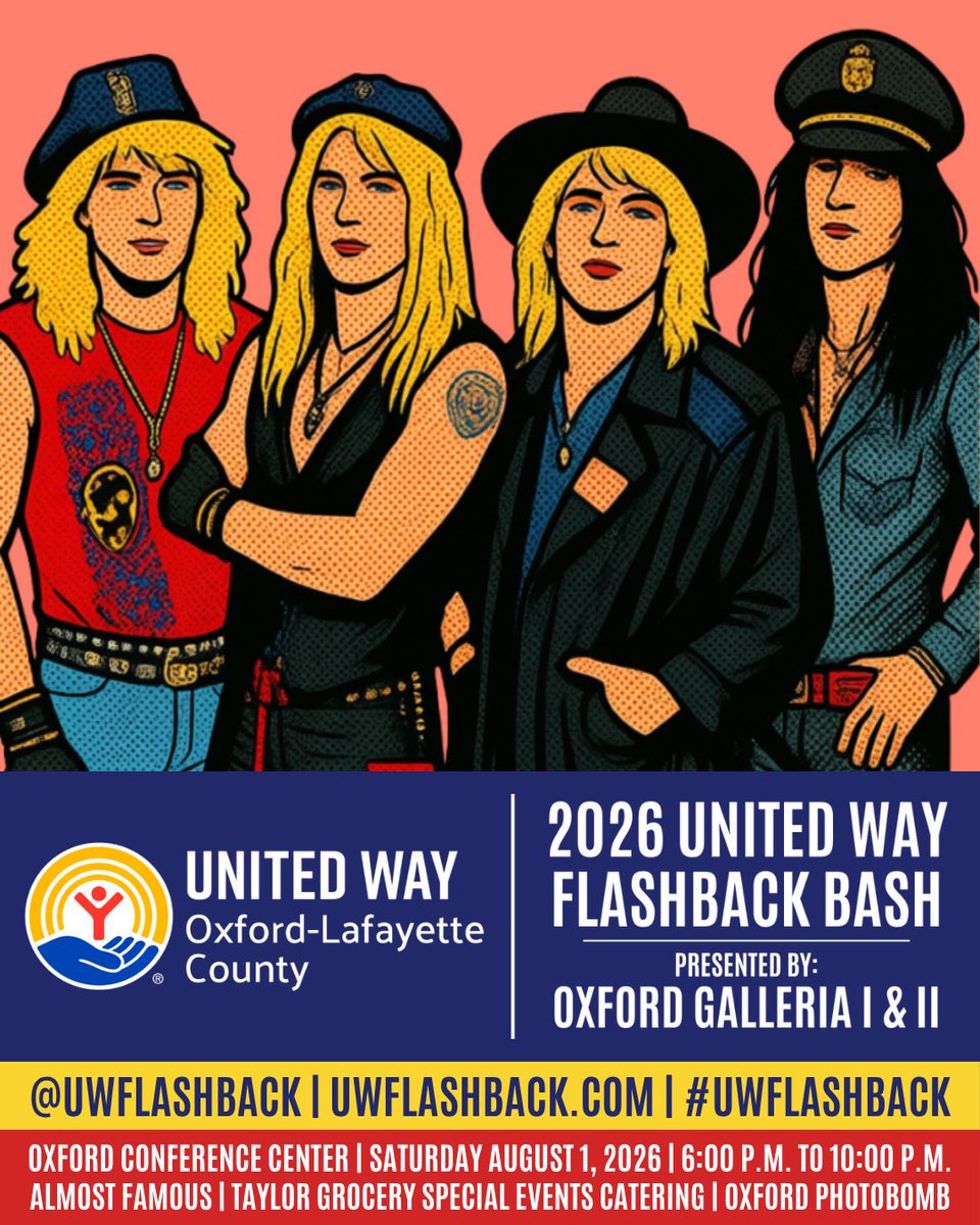 UWOxfordMS's tweet photo. Flash back for our community’s future! Come as you are, as you were, or however you want to be!
2026 United Way Flashback Bash, Presented by Oxford Galleria I & II
Saturday, August 1, 2026
6:00 p.m. to 10:00 p.m.
https://t.co/4VlRNPmCXJ
#UWFlashback #UWOxfordMS #FlashbackFriday https://t.co/te9KquIAUA