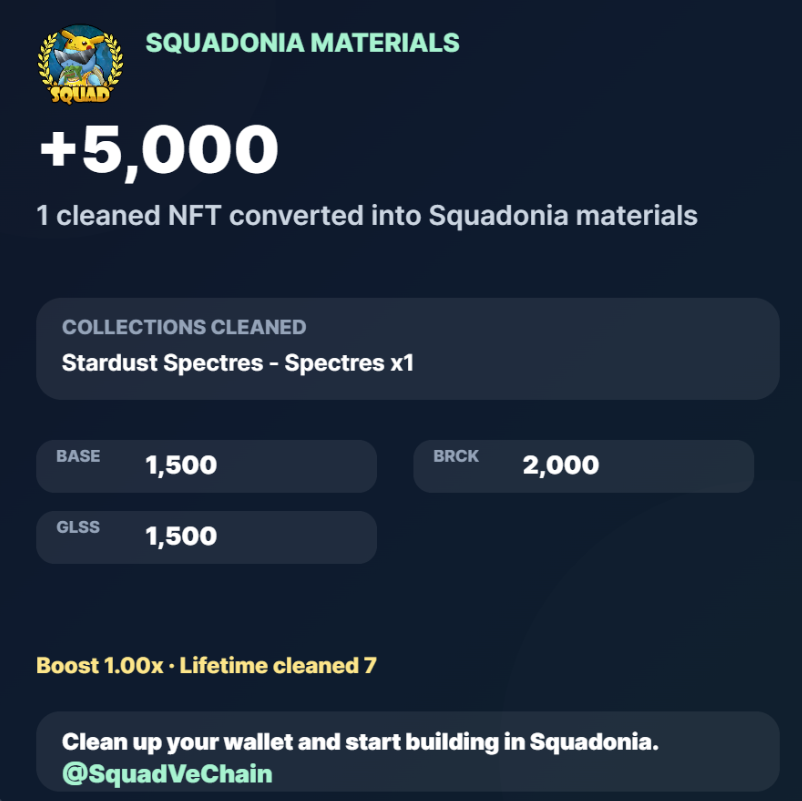 Dutchie_Vader's tweet photo. I just cleaned up 1 VeChain NFT for 5,000 Squadonia materials.

Collections: Stardust Spectres - Spectres x1
Materials: 1,500 BASE • 2,000 BRCK • 1,500 GLSS
Boost: 1.00x

Clean up your wallet and start building in Squadonia.
@SquadVeChain https://t.co/z6HppItDIC