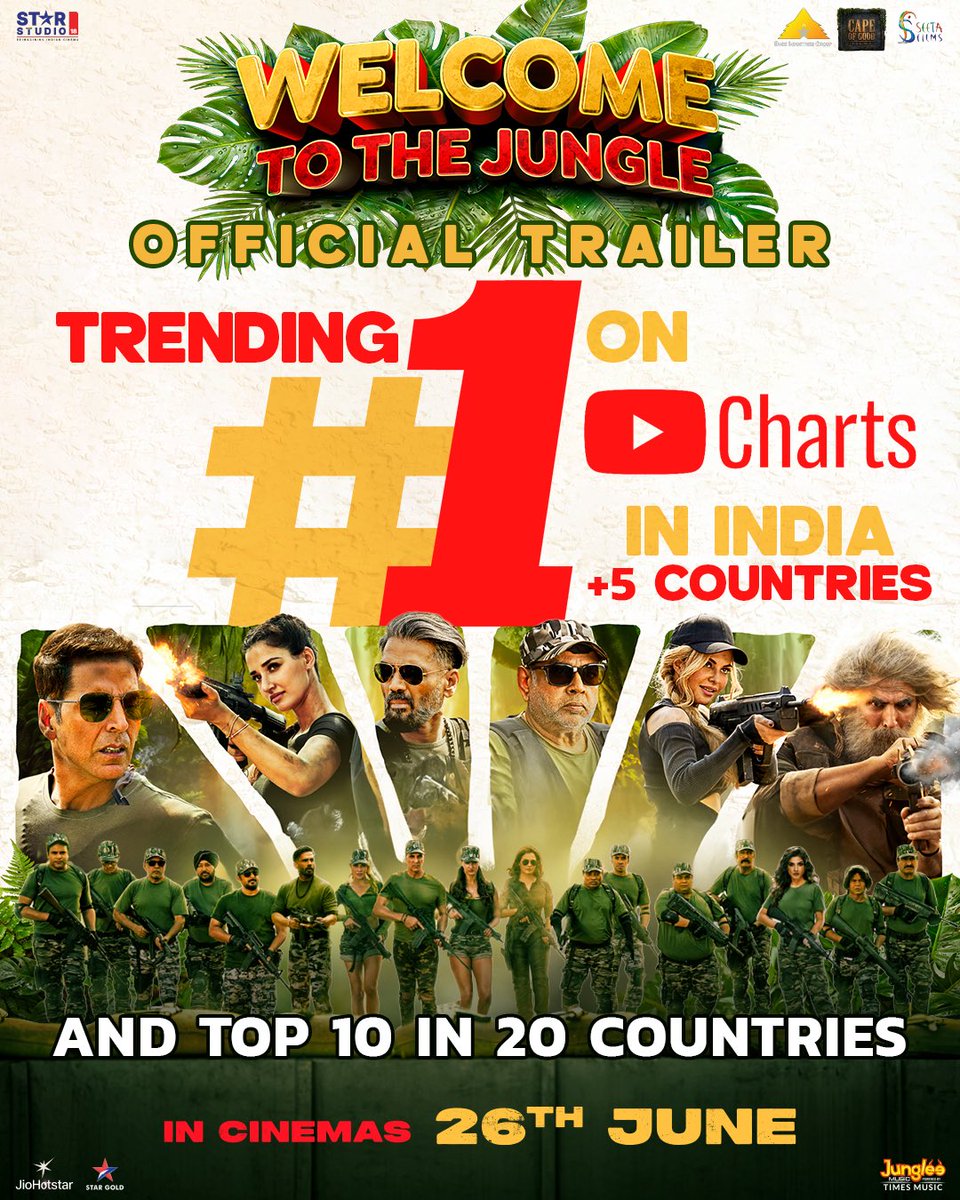starstudio18_'s tweet photo. From the jungle to trending all around the globe on YouTube 🌴🪖

#WelcomeToTheJungleTrailer Out Now: https://t.co/DD6qctTGcH 

#WelcomeToTheJungle, the chaos begins in cinemas from 26th June, 2026 🍿 https://t.co/Ziufkiw1xG