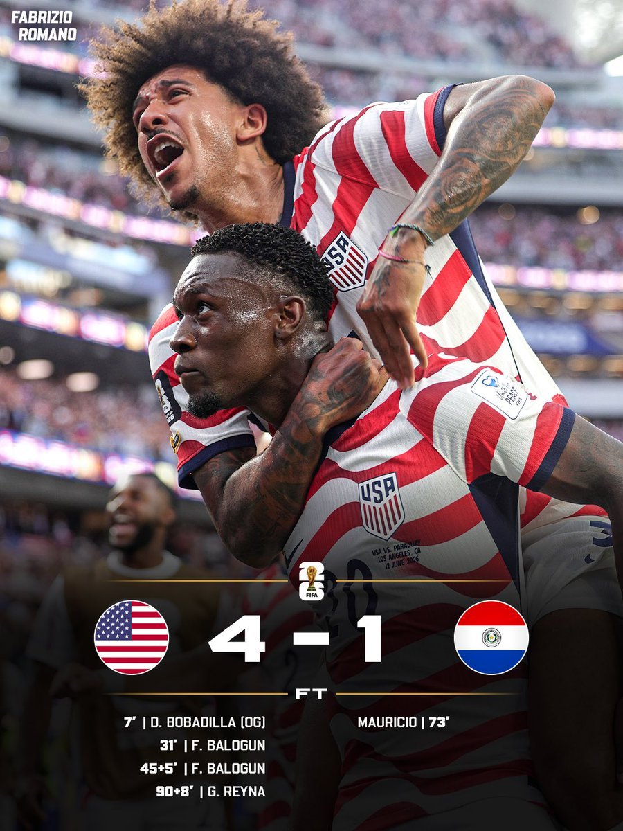 WorldCupMedia's tweet photo. 𝗙𝗨𝗟𝗟-𝗧𝗜𝗠𝗘 🇺🇸 USA 4-1 Paraguay 🇵🇾 https://t.co/yH9vd98rrL