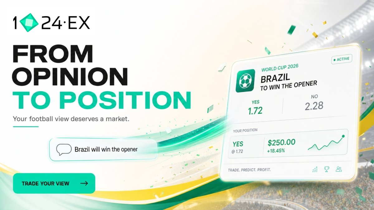 1024EX's tweet photo. From opinion to position.

Every football view starts as a thought:
“Brazil will win.”
“The opener will be close.”
“This team is underrated.”

On 1024EX Predict, your view can become a live market position.

Follow the games.
Track the odds.
Trade your view.

Explore World Cup markets: https://t.co/6MuB0uwfi6

#1024EX #WorldCup