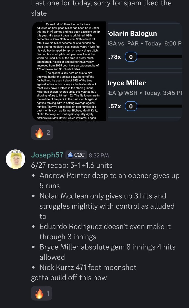 JosephPicks2's tweet photo. Nice day in the cord 
Andrew Painter over 2.5 era✅
Nolan McLean under 5.5 ha✅
Erod under 29.5 fs✅
Javier Sanoja under 5.5 fs❌
Bryce Miller under 5.5 ha✅
Nick Kurtz over 8.5 fs✅ https://t.co/LIpQpZebDG