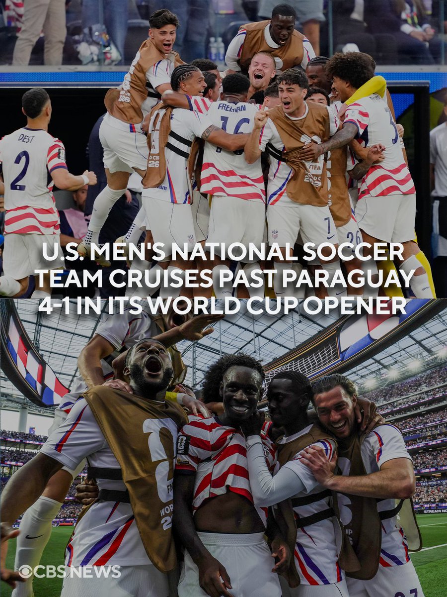 CBSNews's tweet photo. The U.S. men's national soccer team made easy work of Paraguay in its World Cup opener Friday, defeating the South American side 4-1 at SoFi Stadium in Inglewood, California.

The win gives the U.S. three points and puts it atop Group D, which includes Australia and Turkey, who will face off Saturday. The U.S.'s next match is against Australia on June 19 in Seattle.