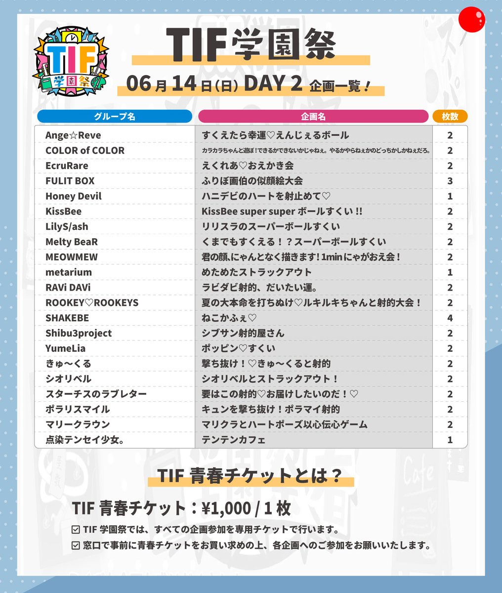 shakebe_info's tweet photo. ＼📣企画タイムテーブル公開／

『TIF学園「学園祭 2026 春」』

🗓️6月14日(日)
🎪 ベルエポック美容専門学校第二校舎
🎁 15秒動画、チェキ券(サインあり)、写メ券(トーク30秒)

🎤 11:40-12:00

📸 13:40-15:10(2F教室D)
~シチュエーションチェキ~

☕ 16:00-17:30(C)
『ねこかふぇ♡』
お好きなメンバーから飲み物を提供してお話ができます！
参加費用:TIF青春チケット 4枚

🎫チケット
¥5,000-(別途+1D)
TIF学園青春チケット:1,000円 / 1枚
※当日は、入場料の他に上記の学園祭特別チケットをお買い求めいただければ、各種コンテンツにご参加いただけます。

⬇️ご購入はコチラ⬇️
https://t.co/5P8oTwmSb6

🎟TIF青春チケット
https://t.co/hKMBYHfL6Y