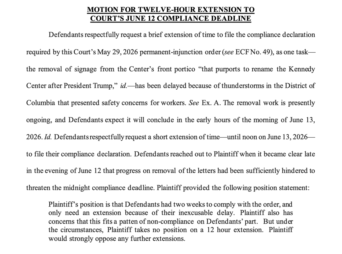 kyledcheney's tweet photo. BREAKING: Trump admin asks for a 12 hour delay in removing Trump's name from Kennedy Center, saying work got delayed due to thunderstorms. 

Crowd (including Rep. Beatty) has been outside the center most of the evening. https://t.co/1QvXnuj5rw