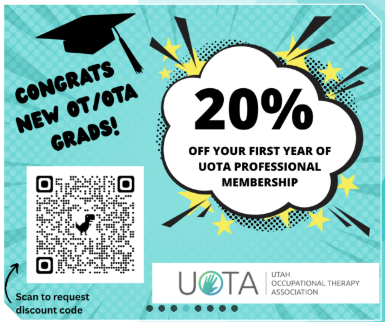 UtahOTassoc's tweet photo. New grads: As you transition into becoming an official OT practitioner and your UOTA renewal comes up, don't forget to take advantage of discounted rates for your first year of UOTA professional membership.  Scan the QR code for more details! #UOTA #utahotassociation https://t.co/VjX7epI2vu