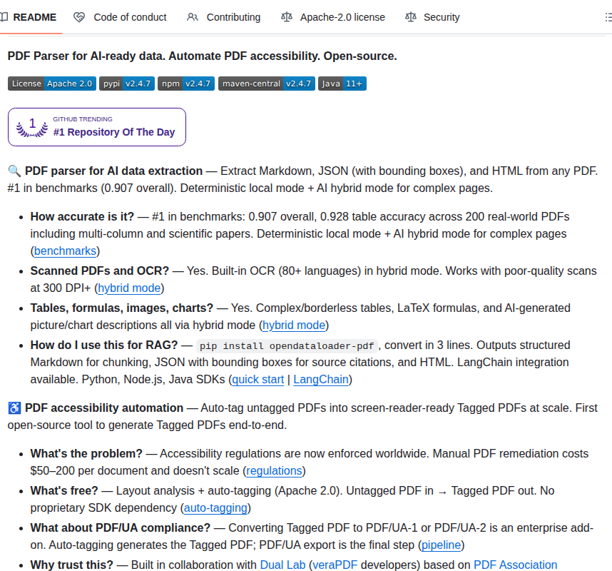 GYLQ520's tweet photo. 兄弟们，有个狠人刚搞了个工具，能把PDF秒转成极其干净的Markdown，速度达到100页/秒，你敢信？🤯

不用显卡、不花API钱、没有乱七八糟的解析过程。只有原始、好用的数据，真的爽。

这玩意能干啥？我给你拆开看看：
1️⃣ 表格？完美提取，数据一点不丢
2️⃣ 破损布局？自动修复，烂页面变整洁
3️⃣ 嵌套数据？结构化清理，不绕弯子
4️⃣ 扫描稿？乱七八糟直接变可读

跟你说，这不是小打小闹的升级。这玩意儿一上线，九成的手动数据清理工作都要被干翻，一夜之间没人再熬夜扒数据。

这个工具叫OpenDataLoader，而且完全开源，免费拿走。

仓库在这：
🔗 https://t.co/1sxRJ2wapI