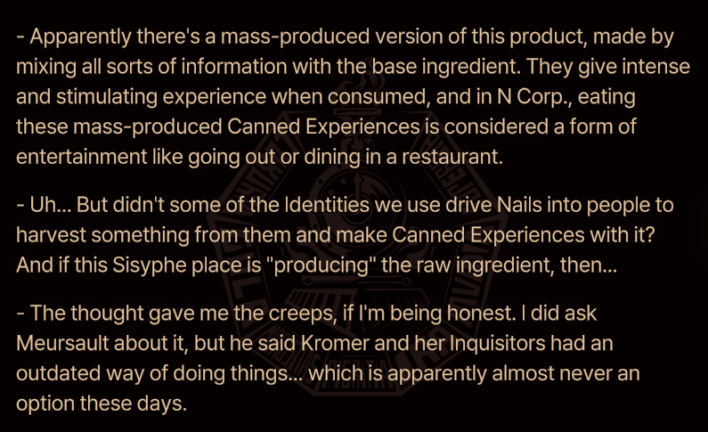 notfineart's tweet photo. What Kromer did in Canto 3 is NCorp's old way of doing their business? I think it's because this old method destroys their exp source (ppl) too much, and those ppl they killed can be their future customers, so NCorp doesn't wanna lose them.

Wanna know this Corp's history so bad. https://t.co/UGAFtoVXxz