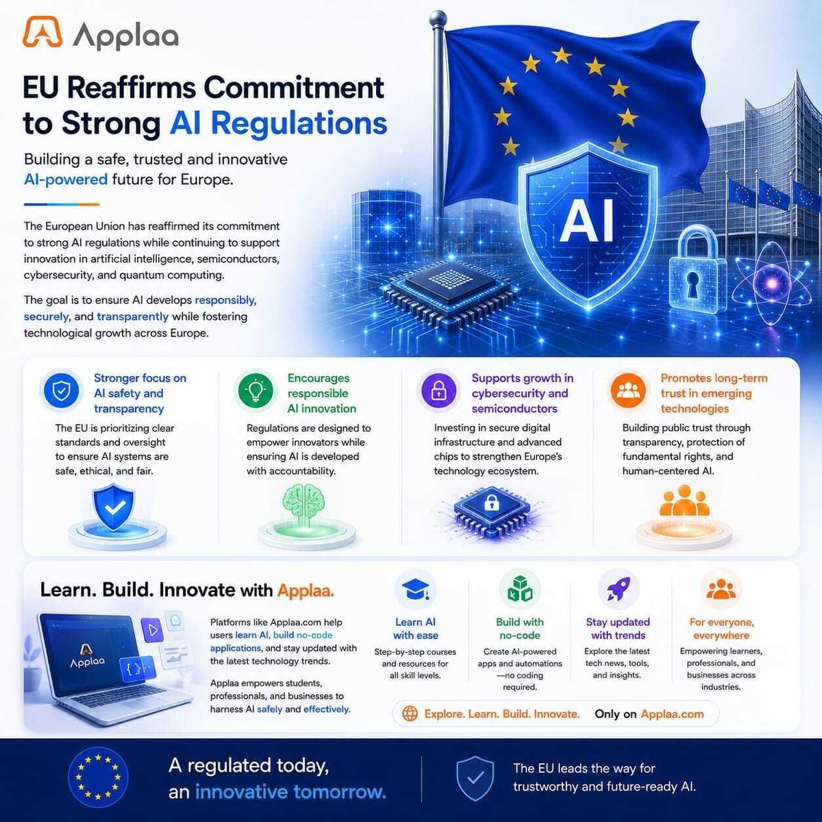 applaa_ai's tweet photo. The European Union has reaffirmed its commitment to strong AI regulations while continuing to support innovation in artificial intelligence, semiconductors, cybersecurity, and quantum computing. The goal is to ensure AI develops responsibly.
#AI #ArtificialIntelligence #Applaa https://t.co/cD3JDO1tO0
