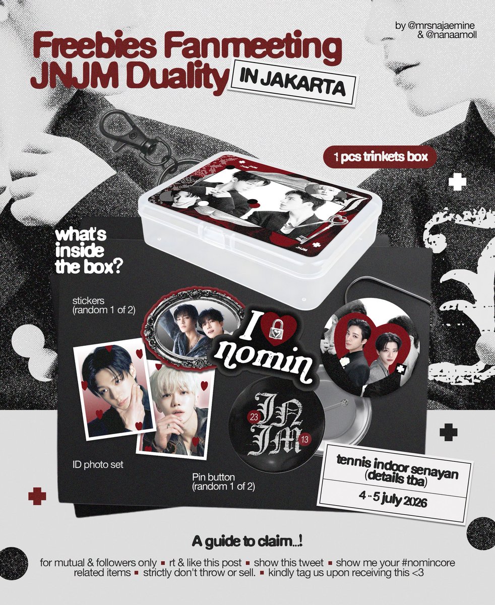 mrsnajaemine's tweet photo. [rt & like are highly appreciated]

𑣲 nct jnjm : duality in jakarta ꫂ᭪݁
— freebies by @mrsnajaemine & @nanaamoll

🗓️ tennis indoor — july 4-5, 2026
🖐🏻 for mutual & followers only (lock acc on the day!)
📍 time & loc tba

see below pict for more details ! see you ★

#NCTJNJM #NCTJNJM_DUALITY
