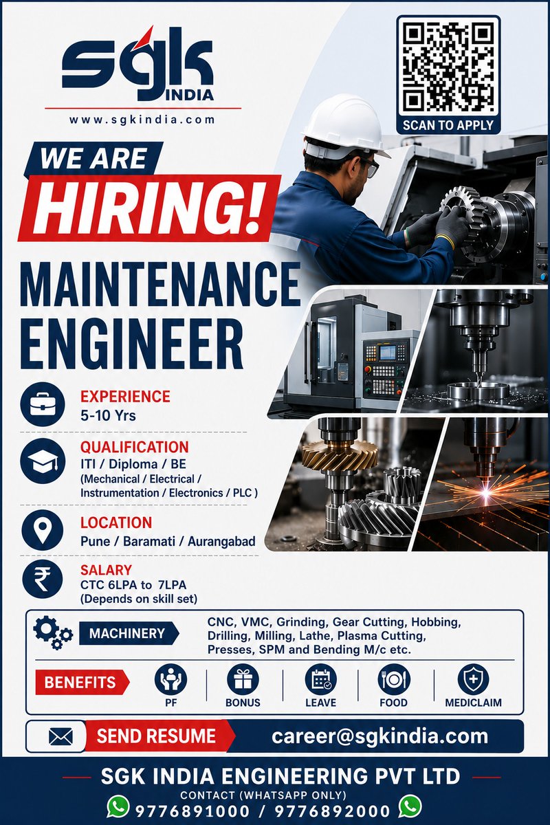 sgkindia's tweet photo. 🚨 We're Hiring: Maintenance Engineer @ SGK India
📌 5–10 yrs exp
🎓 ITI/Diploma/BE (Mech/Elec/Instru/PLC)
📍 Pune/Baramati/Aurangabad
💰 ₹6–7 LPA

✅ Apply: https://t.co/wXuaK7ofCf

#Hiring #EngineeringJobs #PuneJobs https://t.co/yBg6RKLwbK