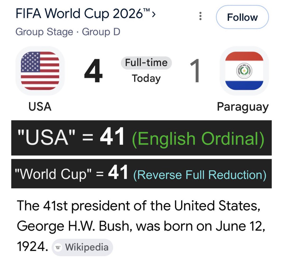 Decoding_Oz's tweet photo. World Cup hosts, USA won their opener 4-1 on the birthday of the 41st President of the United States.

“USA” = 41
“World Cup” = 41 https://t.co/euep6i3guG