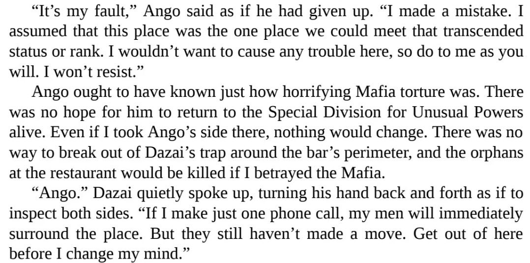GreenGraxss's tweet photo. I still can’t get over the fact that Ango actually said to Dazai that he could torture him for betraying them and that he won’t fight back

Also I find interesting Dazai looking at his hands, I think he was imagining what he could do to him (I would love to see it in the anime) https://t.co/ab8LDvGRSA