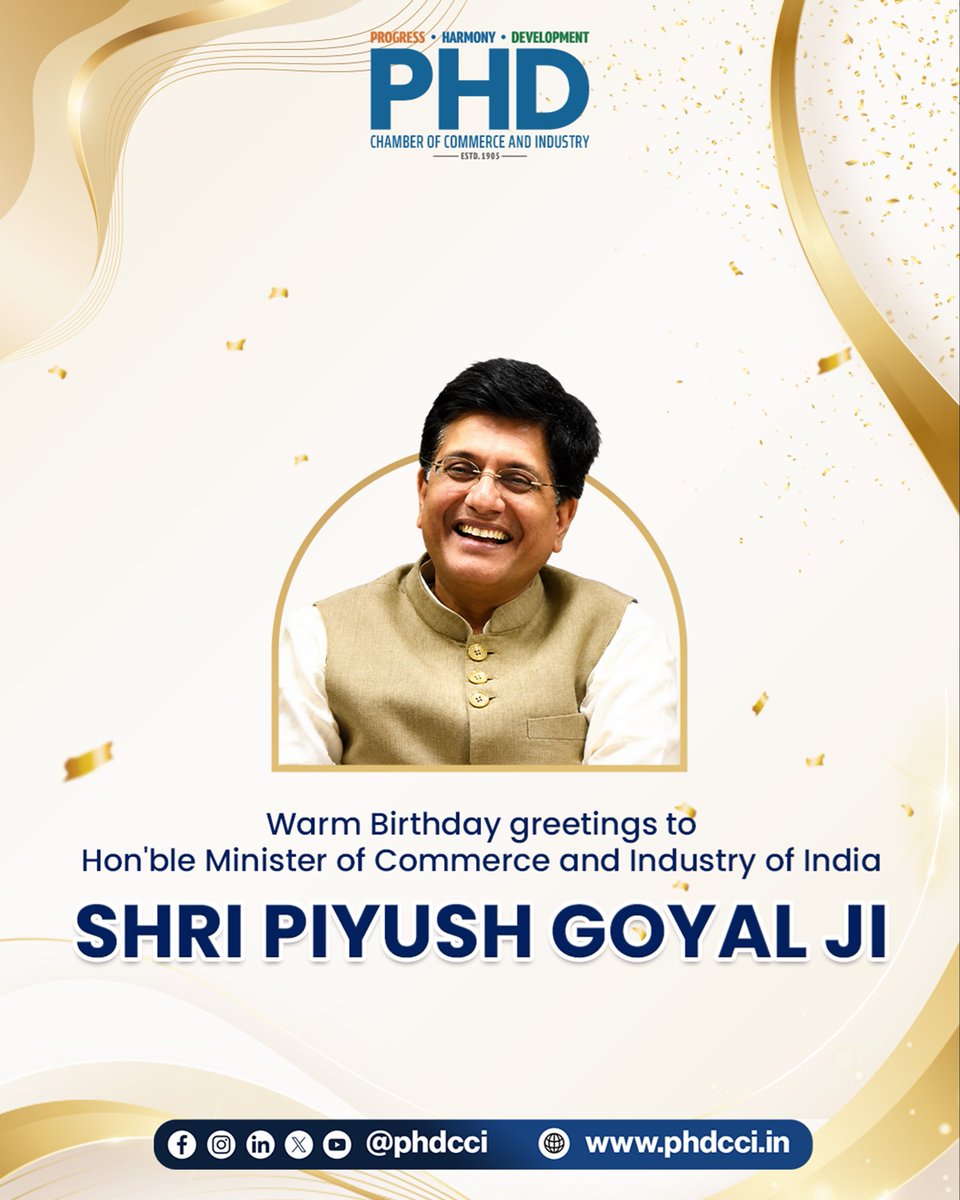 phdchamber's tweet photo. #PHDCCI conveys its heartfelt birthday wishes to Shri Piyush Goyal Ji, Hon’ble Minister of Commerce and Industry of India.

Serving as the 13th Minister of Commerce and Industry since 2019 and the longest-serving minister in this role, he has been instrumental in advancing India’s economic growth, trade, and industrial development through his visionary leadership and commitment to nation-building. His dedication continues to inspire progress, innovation, and global competitiveness across the country.

We wish Shri Piyush Goyal Ji good health, happiness, and many more years of impactful service to the nation.
@mygovindia @MIB_India @PIB_India @PiyushGoyal 

#PiyushGoyal #CommerceAndIndustry #Leadership #IndiaGrowthStory