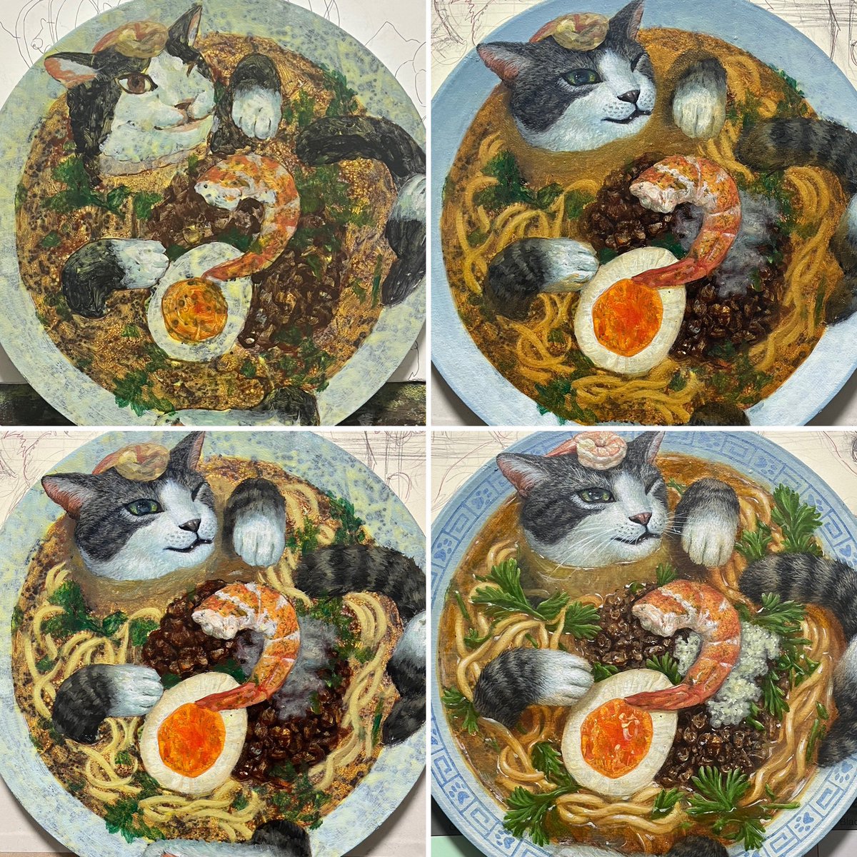 r_swamp83's tweet photo. 「担仔麺猫#2」「Danzai noodle cat#2」
2026
円形300mm×300mm oil on canvas
台湾の台南市のソウルフード、担仔麺の猫入り2作目。本場で食べてみたい🍜猫抜きで😽
台湾、富貴三義美術館でのグループ展出品作品🖼️

🐈‍⬛🍜🐈‍⬛🍜🐈‍⬛
#台湾ラーメン #猫 #岩澤慶典 #油彩 #oilpainting https://t.co/fdNkCmfFU8