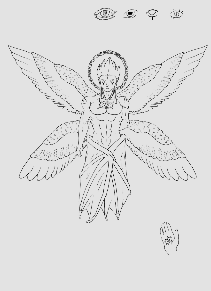 Pellahh's tweet photo. One of the seven Executors made by Him to carry His will.

"He keeps pointing us at things as if we were just bows... and releasing our strings. I can't do this anymore, I'm not a weapon!" 
"Shut up! What if He can hear us?" 

(Forgot I was drinking coffee 5 times while drawing) https://t.co/OrFiYgCFRI
