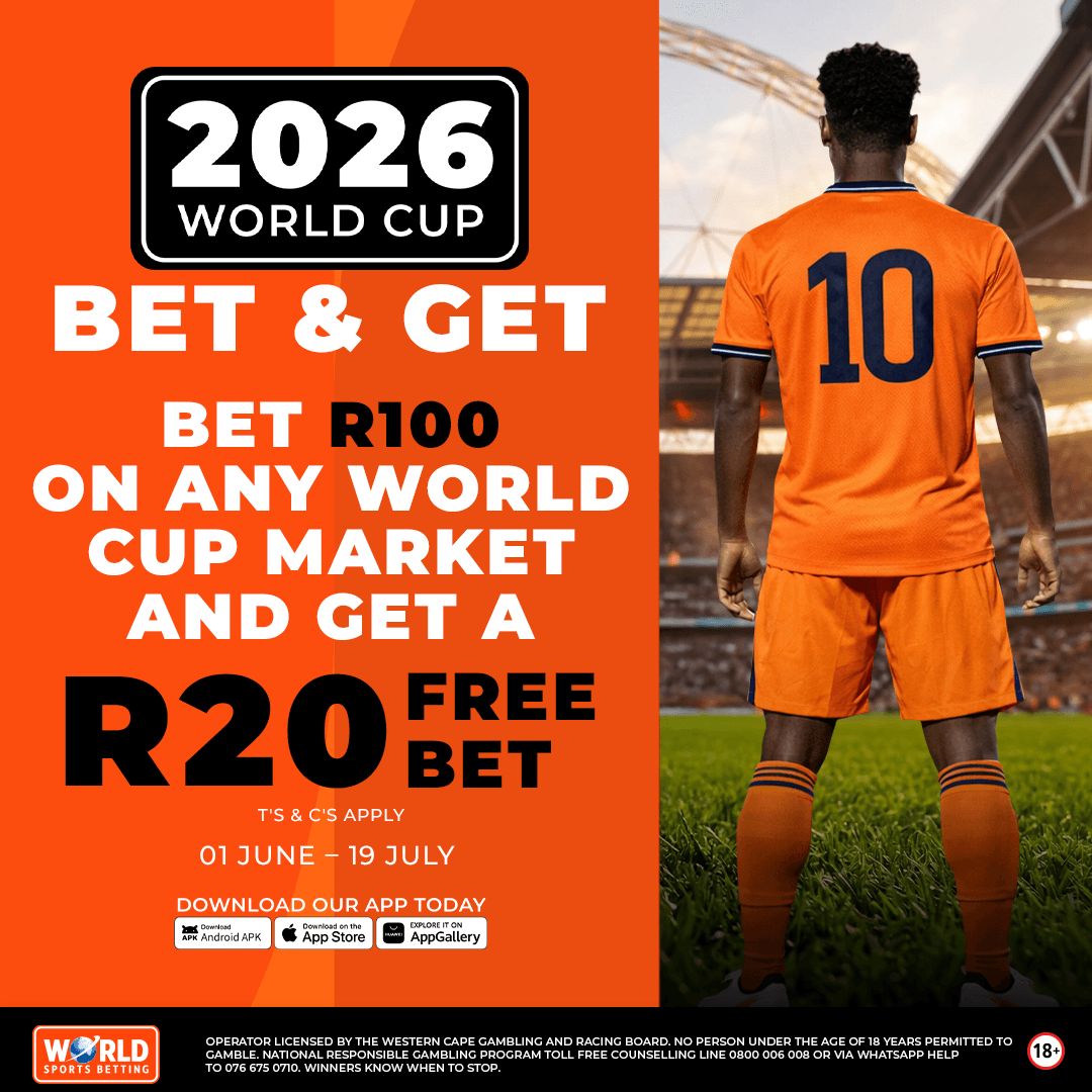WorldSportsBet's tweet photo. Place a R100 single bet on any FIFA World Cup market and score a R20 FREE Bet at WSB.

From group stage drama to the final whistle — every match matters.

Play now 👉 https://t.co/ugIchstqK4

#BetWithTheBest #FIFAWorldCup https://t.co/1hA4Uwml2y