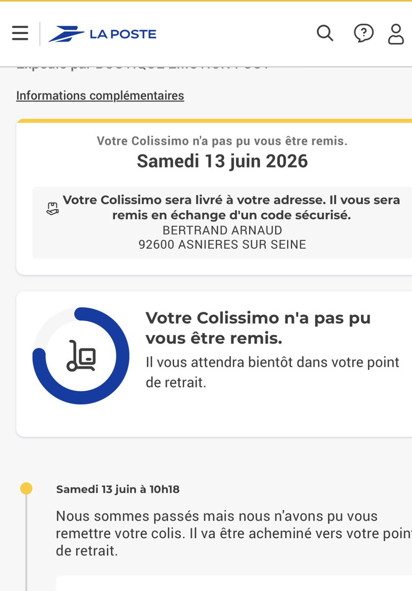 Arn_Bertrand's tweet photo. Colissimo : deux fois qu’ils disent n’avoir pas pu livrer sans même sonner à la maison.
Amazon : jamais un souci.
Combien de temps va durer ce cirque à la Poste d’Asnières ? https://t.co/L22CAFvxqD