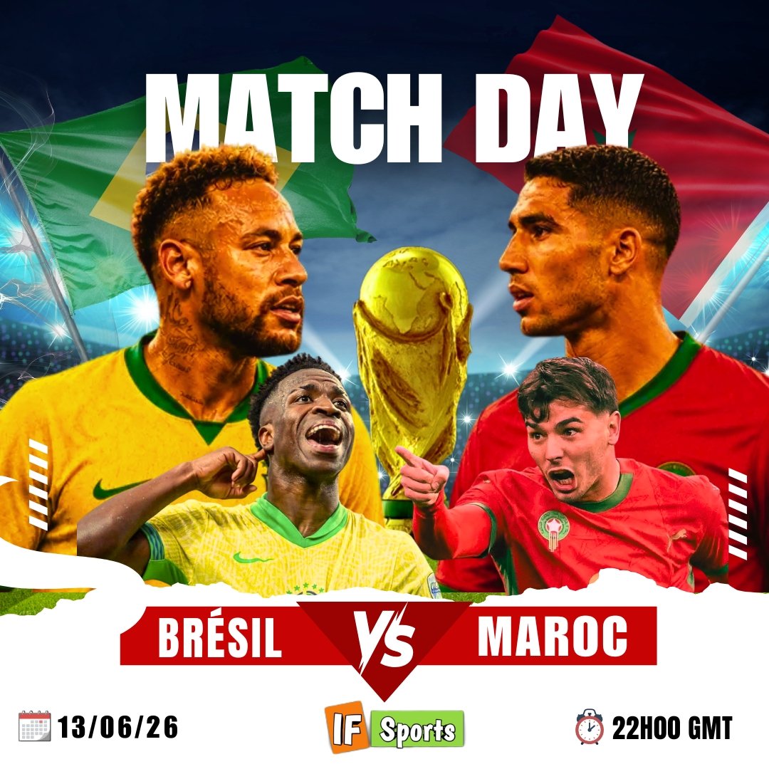 honv9915's tweet photo. #CDM Le #Maroc débute sa Coupe du Monde ce soir à 22h00 GMT face au géant #Brésil.

Demi-finaliste en 2022, les Lions de l'Atlas affronteront une équipe légendaire composée de Neymar, Raphinha, Vinicius Jr, Maquinhos...

La rencontre s'annonce très électrique... 🚀☺️ https://t.co/5SWtawPdIN