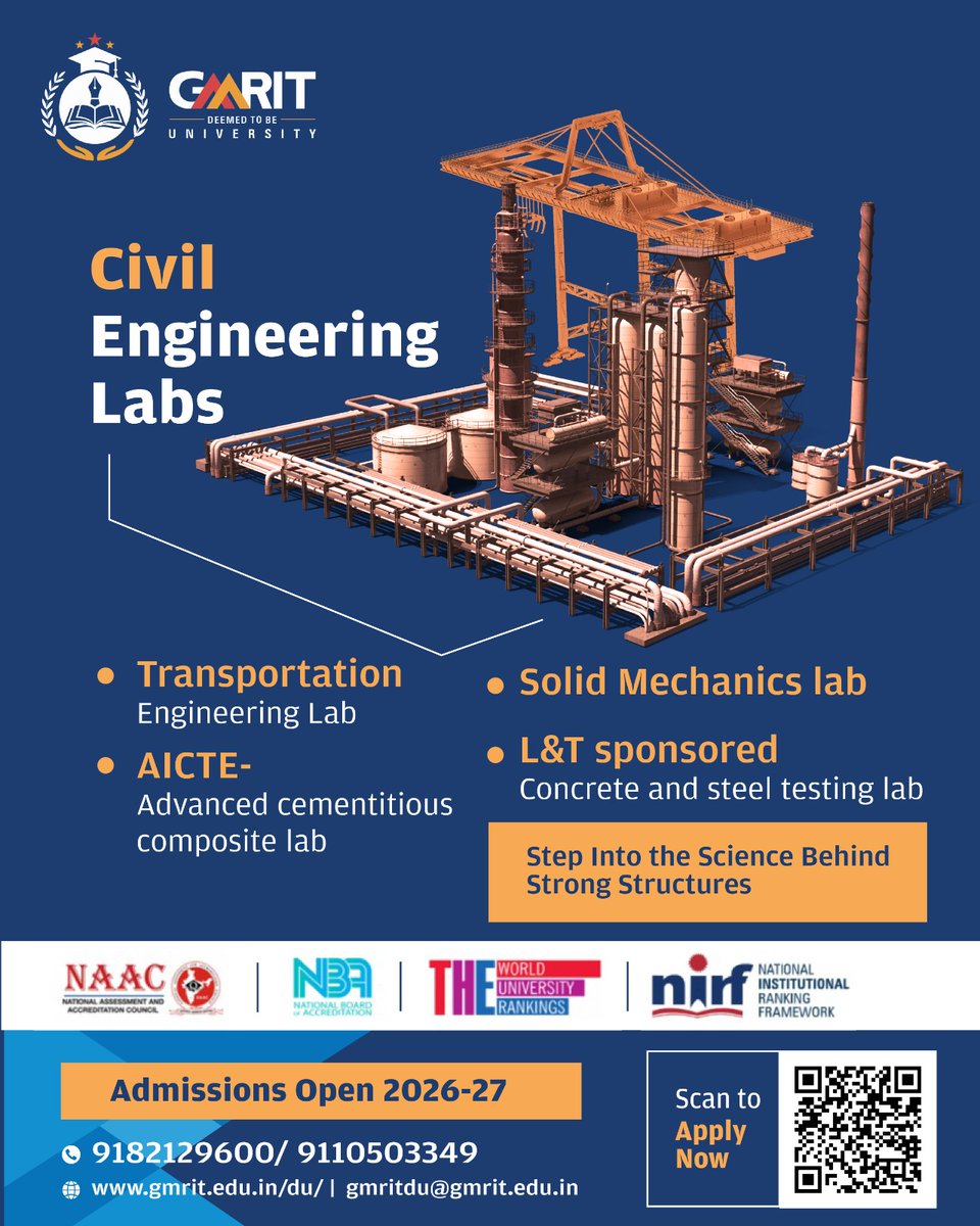 gmritdu's tweet photo. At GMRIT, Deemed to be University, the lab ecosystem across Civil, CSE, ECE, and Mechanical Engineering gives students the opportunity to experience practical learning.

ADMISSIONS OPEN 2026–27
Apply Now!

📞 CONTACT US – 9182191600, 9110503349

#GMRIT #GMRITUniversity https://t.co/y7ZOcZnAn3