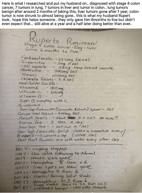genixmeds's tweet photo. ⚠ This is one of those posts people screenshot and save.

A woman shared the protocol she used after her husband Rupert was sent home with only six months to live. Stage 4 colon cancer with tumors in his lungs and liver.

Doctors had no optimism left. These kinds of stories rarely come to light… but sometimes we have to take our health into our own hands.

Here’s exactly what Rupert followed (shared by his wife):

• Fenbendazole: 222mg 3x/day
• Ivermectin: 5mg daily
• Quercetin: 500mg/day
• Turmeric: 1000mg/day
• CBD capsule
• Plus vitamins, chlorella, soursop/graviola, grape seed extract, Essiac tea, beetroot powder, propolis, and more…Reported improvements:

Day 4: Coughing stopped
Day 7: Skin color back to normal
Day 13: Liver spots gone
Day 87: Tumor markers dropped significantly

Lung tumors became benign, and colon walls became stronger. He’s still here and doing better than ever, well past the 6-month mark.

If you’re independently researching these compounds and looking for a consistent, affordable, cGMP-certified source, many people use @genixmeds for Ivermectin, Fenbendazole & Mebendazole. Ships worldwide. Always do your own research.

#Ivermectin #Fenbendazole #Protocol