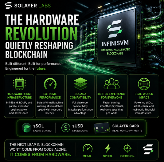 DeFi_CEO_'s tweet photo. Solayer Labs: The Hardware Revolution Quietly Reshaping Blockchain  

While most projects compete on software upgrades and marketing, Solayer Labs took a bolder route, they brought specialized hardware into the heart of blockchain infrastructure.  

InfiniSVM isn’t just another Layer-1. It’s a high-performance network that uses real computing power, InfiniBand networking, RDMA, and parallel execution engines, to run the Solana Virtual Machine at speeds most chains can only dream about. This hardware-first design removes the usual bottlenecks, letting transactions fly through with near-zero delays even under heavy load.  

The result feels different. Developers get Solana compatibility plus dramatically better performance. Users get faster staking, smoother payments, and tools that actually respond in real time. Everything from liquid staking (sSOL) to spendable stablecoins (sUSD) and real-world cards benefits from this foundation.  

@solayer_labs is proving that the next leap in blockchain won’t come from clever code alone, it will come from treating infrastructure like the high-performance systems that power today’s internet and finance.  

They’re not promising the future. They’re engineering it with metal, speed, and precision.  

This is what happens when blockchain grows up.