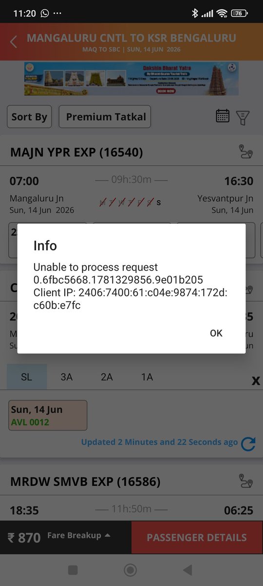 Pradeeshur's tweet photo. @PMOIndia @RailMinIndia @IRCTCofficial @IndianRailMedia @IndiaRailNews check how how people can be cheated. In the brinks of booking page you get them logged out and keep throwing multiple errors but in the back ground just loot money see the dynamic change in the charges. https://t.co/aH4OZR320U