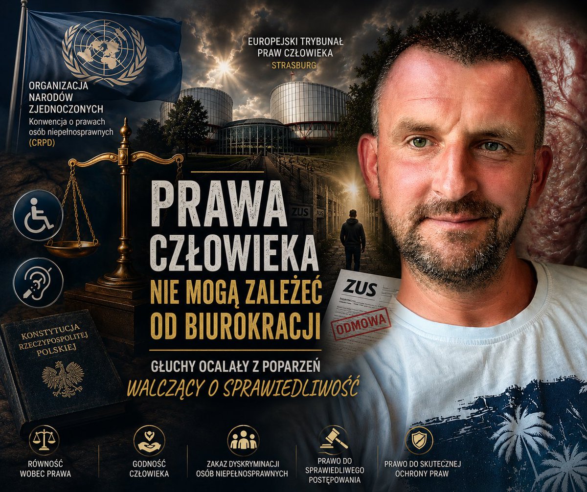 Summerholt1978's tweet photo. PUBLICZNY APEL DO ONZ, EUROPEJSKIEGO TRYBUNAŁU PRAW CZŁOWIEKA, ORGANIZACJI PRAW CZŁOWIEKA ORAZ MIĘDZYNARODOWEGO ŚRODOWISKA OSÓB Z NIEPEŁNOSPRAWNOŚCIAMI 🆘

Nazywam się Tomasz Lenkiewicz.

Jestem 47-letnim obywatelem Polski żyjącym z bardzo głębokim obustronnym niedosłuchem oraz trwałymi następstwami rozległych oparzeń III stopnia, których doznałem jako 13-miesięczne dziecko.

Od wielu lat walczę o właściwy stopień niepełnosprawności.

Dodatkowo przez wiele lat Zakład Ubezpieczeń Społecznych (ZUS) odmawiał mi prawa do renty socjalnej, mimo że moja niepełnosprawność istnieje od dzieciństwa i została potwierdzona przez licznych lekarzy specjalistów.

W mojej ocenie zastosowano błędną procedurę orzeczniczą. Posłużono się skalą Barthel, przeznaczoną do oceny podstawowych czynności życia codziennego, a nie do oceny skutków rozległych oparzeń, przewlekłego bólu neuropatycznego, zaburzeń autonomicznych czy ciężkich zaburzeń termoregulacji.

Pominięto lub nie nadano właściwego znaczenia najważniejszym następstwom pooparzeniowym:

• zaburzeniom termoregulacji,
• epizodom hipotermii,
• zaburzeniom autonomicznego układu nerwowego,
• przewlekłemu bólowi neuropatycznemu,
• przeczulicy i parestezjom,
• ograniczeniom wynikającym z rozległych blizn i przykurczów.

To właśnie te schorzenia mają największy wpływ na moje codzienne funkcjonowanie i zdolność do pracy.

Dla większości ludzi chłód, wiatr czy klimatyzacja oznaczają jedynie dyskomfort.

Dla mnie mogą oznaczać hipotermię, zaburzenia krążenia, gwałtowne wzrosty ciśnienia oraz czasową utratę zdolności do samodzielnego funkcjonowania.

Pomimo tego zaburzenia termoregulacji zastąpiono w jednej z opinii wzmianką o zaburzeniach gospodarki węglowodanowej i lipidowej, które nie są główną przyczyną moich ograniczeń.

Nie mogę również oprzeć się poczuciu nierówności wobec prawa.

Wielu moich kolegów ze szkolnej ławki, których jedyną niepełnosprawnością był niedosłuch, otrzymało wsparcie systemowe.

Ja natomiast żyję zarówno z bardzo głębokim niedosłuchem, jak i ciężkimi następstwami rozległych oparzeń III stopnia, a mimo to przez lata odmawiano mi wsparcia.

26 marca 2026 roku Sąd Okręgowy we Wrocławiu przyznał mi rentę socjalną.

Po raz pierwszy od wielu lat poczułem, że mój głos został wysłuchany.

Niestety ZUS złożył apelację od tego wyroku i moja walka trwa nadal.

Uważam, że sprawa ta dotyczy godności człowieka, równości wobec prawa, niedyskryminacji osób z niepełnosprawnościami oraz prawa do sprawiedliwego postępowania.

Nie proszę o przywileje.

Proszę jedynie o sprawiedliwość, równość wobec prawa i poszanowanie praw człowieka.

Tomasz Lenkiewicz