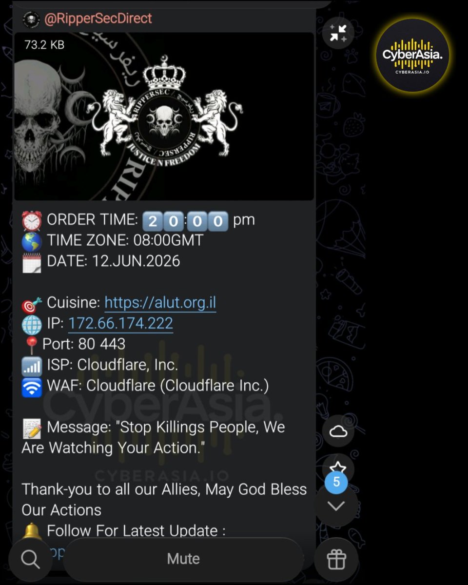 cyberasia_io's tweet photo. 🚨 Israel Alert 🇮🇱
 
Hacker group #RipperSec &amp; #TheComrades Group announced a planned cyberattack targeting the website https://t.co/iLzQnIGkQ8, which is based in #Israel

#Cybersecurity #CyberAttack #CyberThreat #DDoSAttack https://t.co/EnUHUCJK2E