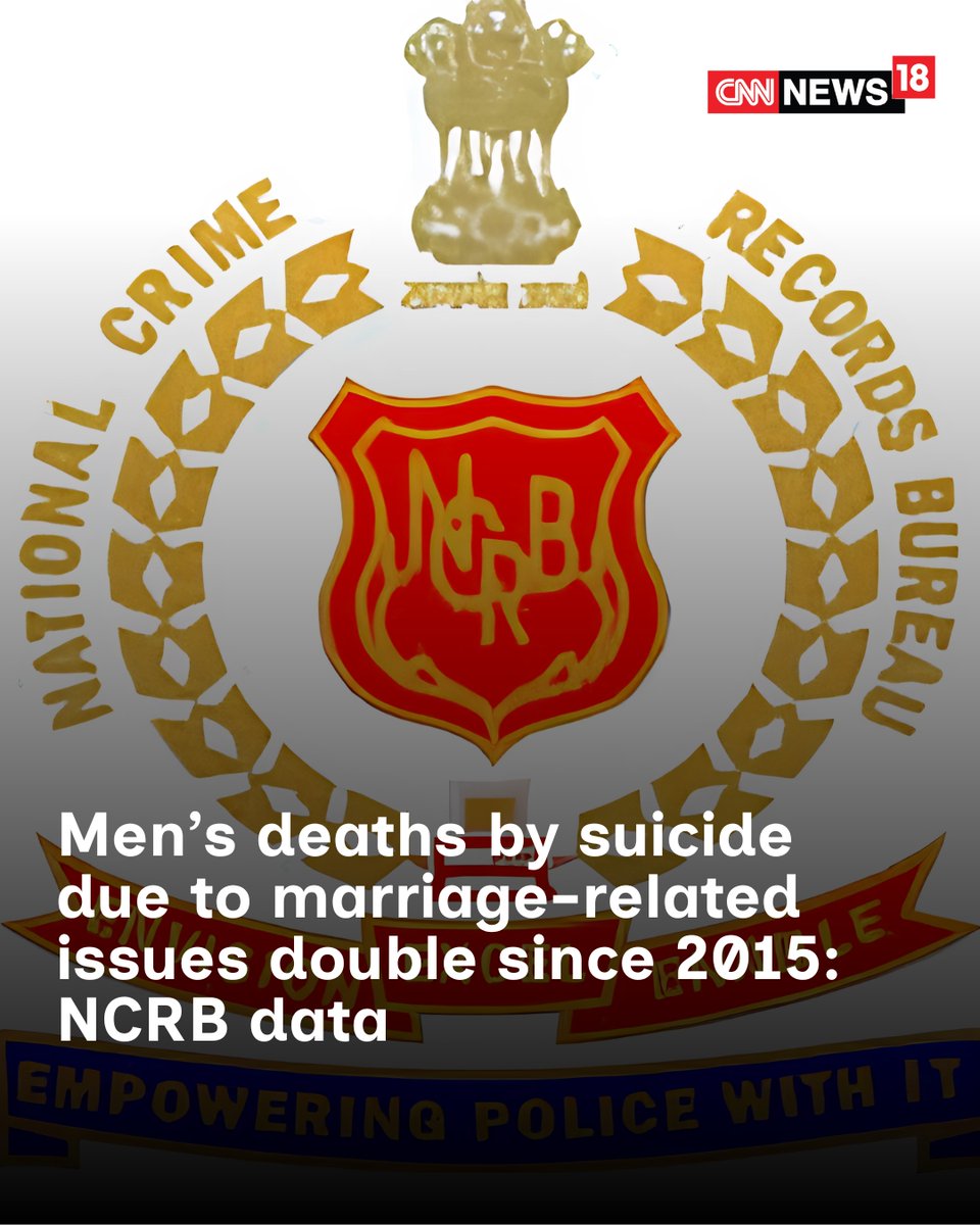 CNNnews18's tweet photo. Men’s Deaths By Suicide Due To Marriage-Related Issues Double Since 2015: NCRB Data

In 2024, nearly two-thirds (67.6%) of women who died by suicide due to marriage-related issues were below 30 years of age, according to NCRB data.

Writes: @niveditasingh__ | #NCRB #men #marriage #india #issues 

https://t.co/tXXrzTI2LB