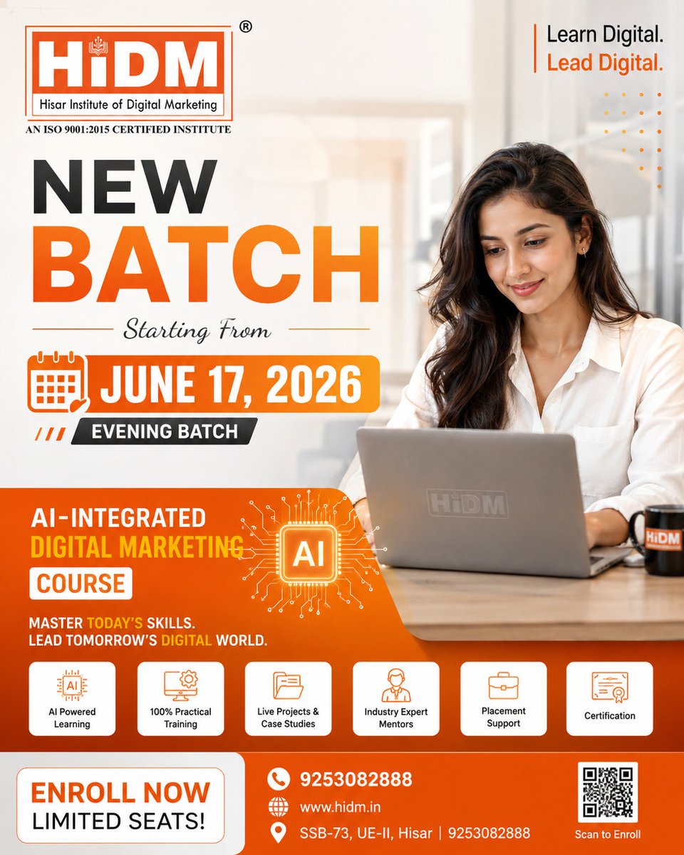 hidmhisar's tweet photo. Register : https://t.co/oYzTofb99A
New Batch Starts On: June 17 (Morning and Evening Batch)
9253082888 | https://t.co/FlkWVSXyMb
#LearnDigitalMarketing #AIMarketing #SocialMediaMarketing #GoogleCertified #CareerGrowth #DigitalSkills #Hisar #MarketingCourse #SkillDevelopment https://t.co/28Yo2uZ0v3