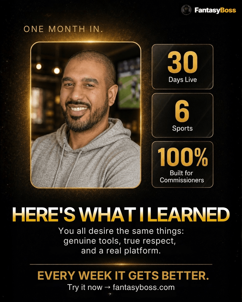 FantasyBoss's tweet photo. In just one month, FantasyBoss is live with 6 sports, advanced scoring, smart drafts, and powerful commissioner tools. Every week improves. Set up your league the right way now! Try it at https://t.co/nQXcfWLn58. https://t.co/cfb0XhaS0v