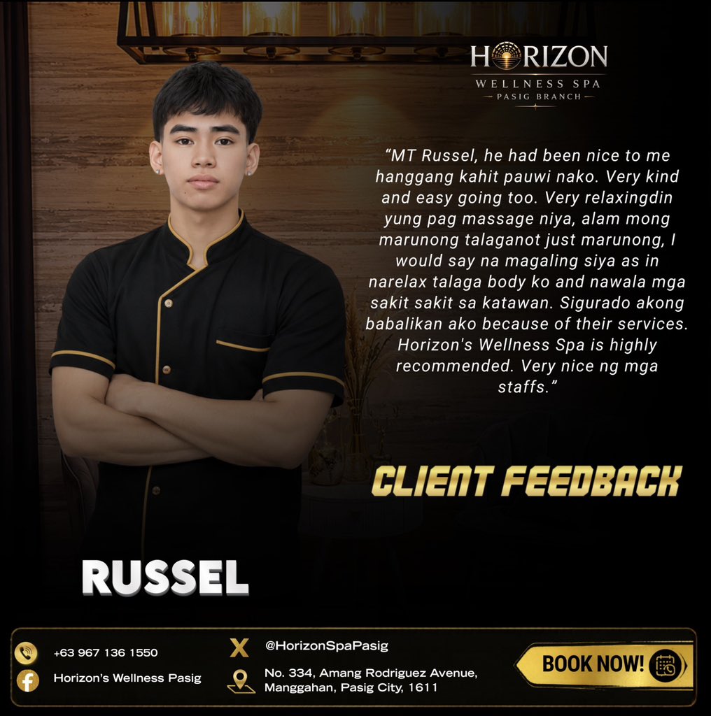 HorizonSpaPasig's tweet photo. 🌟 Kind Words, Relaxing Results! 🌟

Thank you for sharing your wonderful experience with MT Russel! 💆‍♂️💛

🌿 Looking for a therapist who combines skill, comfort, and a friendly approach? MT Russel is ready to help you unwind.

📩 Book your session today at Horizon Wellness Spa Pasig!