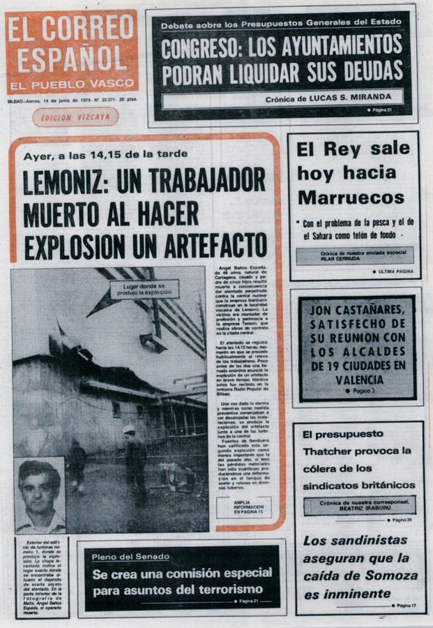 CarlosDeUrrecha's tweet photo. In Memoriam
D. Ángel Baños Espada,
D.E.P
La Muerte no es el Final
Siempre en Nuestra Memoria
¡¡Viva España!!
¡¡Arriba España!!

13/06/1979 ETA asesinaba con una bomba en la Central nuclear de Lemóniz
https://t.co/iSUdGGAVYg https://t.co/JPdOx4dU2u