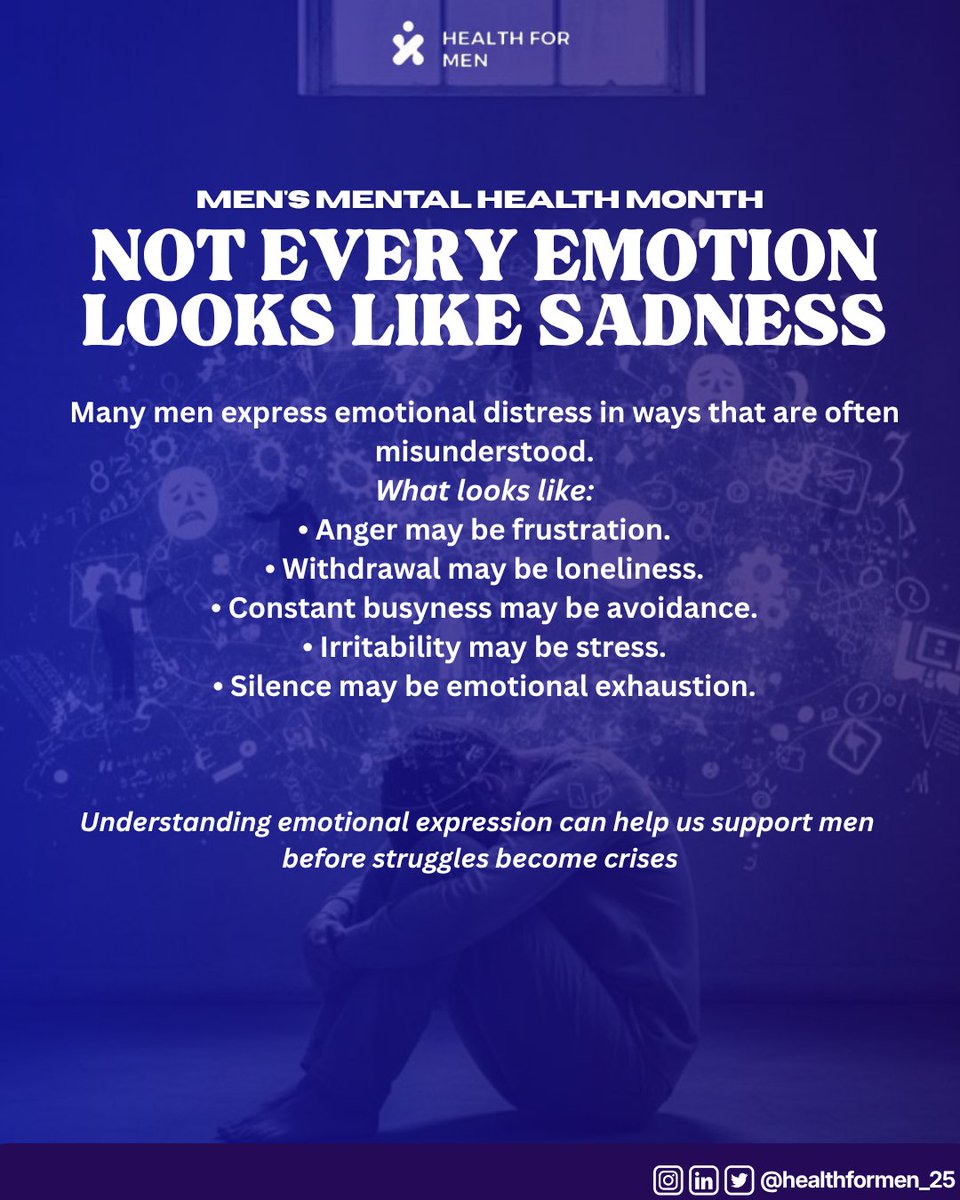 HealthforMen_25's tweet photo. #MENSMENTALHEALTHMONTH💙

Sometimes, the signs of emotional struggle are not obvious.
That's why checking in with the men around us and with ourselves, matters.

Mental health starts with understanding what emotions can look like!

#mensmentalhealth #healthformen https://t.co/NhYKImQUhP