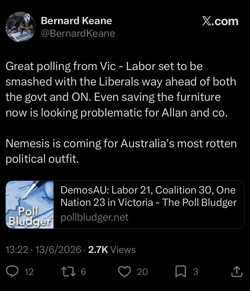 tiny_watermelon's tweet photo. Man who lives in Sydney cheering on a band of truly awful/christofascist/far right chuds in the current Victorian Liberal Party and One Nation.

Considers himself a progressive. 

Amazing how this all works hey. https://t.co/DGkLx0pPoi