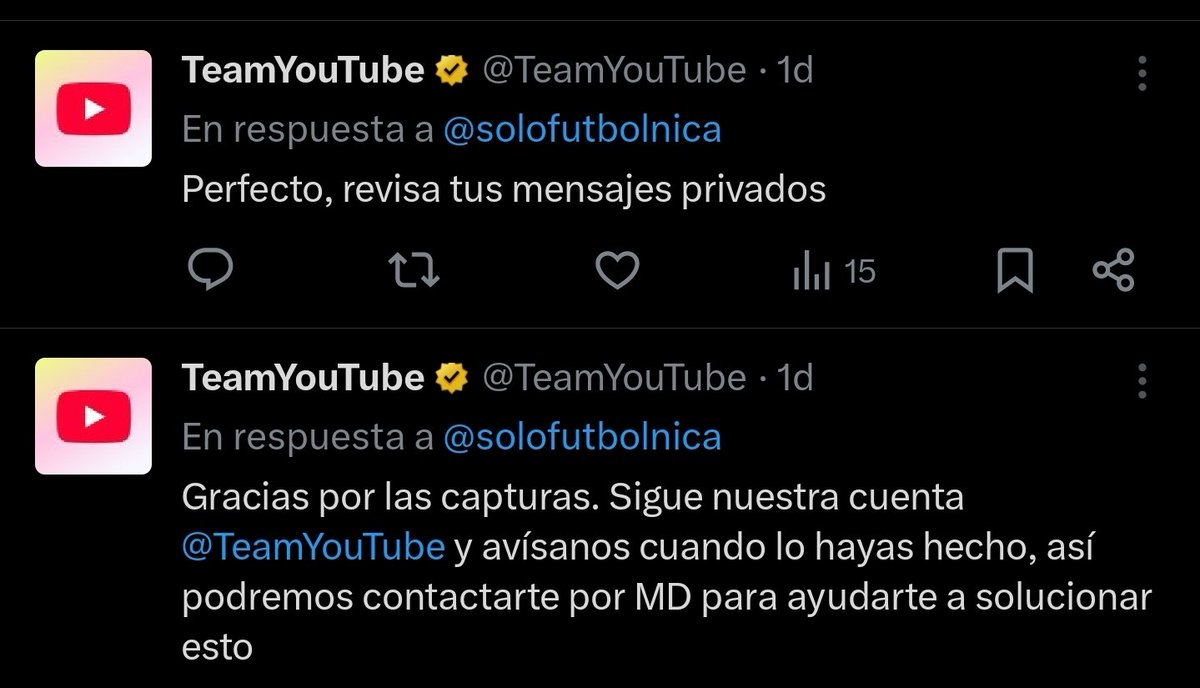 solofutbolnica's tweet photo. @TeamYouTube Tengo dias que me dijeron que me ayudarían y simplemente no me escriben ni me dan respuesta. https://t.co/LsXFYWD8dN