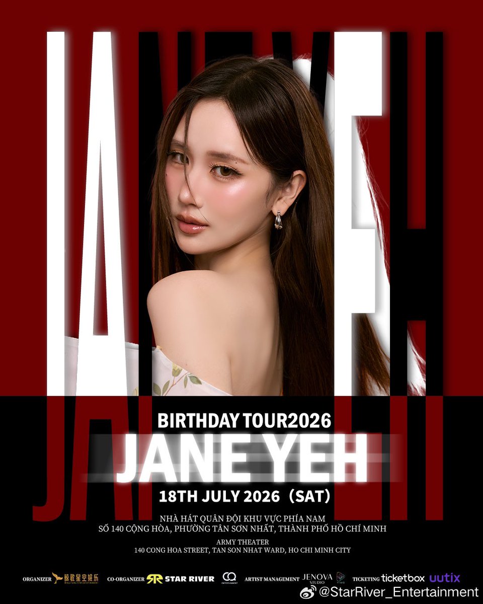 KJJK_VNFC's tweet photo. 【🎂 Jane Yeh Birthday Tour 2026 in Vietnam 】

— Bringing the starlight of June to share with you in Vietnam this July. She crosses mountains and seas, just to place this joy into your hands.

"In mid-June, I blew out the candles somewhere else—But when I made my wish, I secretly kept one aside—To open it together with all of you here in Vietnam, in July.Will you come?"

📍Performance time: July 18th (Saturday), 2026
📍Performance Venue: Army Theater

🎟 Ticketing platform: ticketbox、uutix
⏰ Invoice issuance time: June 18th (Thursday) 12:00 , 2026

💰 Ticket prices: 5,000,000 VNĐ/3,500,000 VNĐ/2,000,000 VNĐ

📌 Organizer: StarRiver_Entertainment  whale song star entertainment 

See you in Vietnam on July 18th! JANE YEH awaits you for a date 💖

#janeeyeh