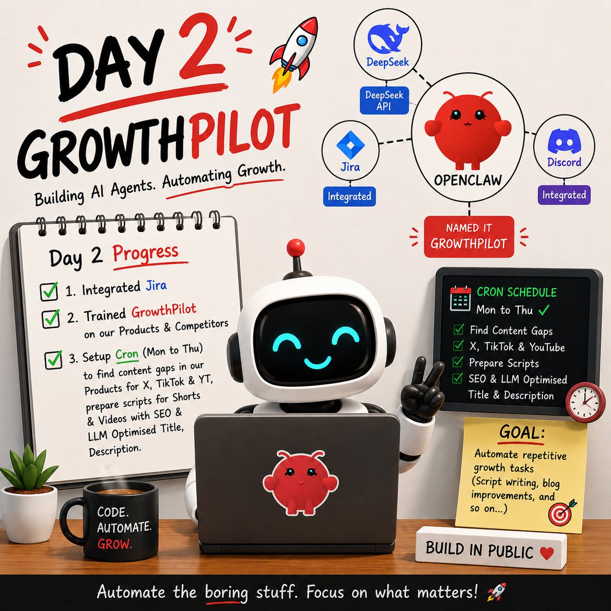 smusman98's tweet photo. 🚀 Day 2

✅ Integrated Jira
🧠 Trained GrowthPilot on our products &amp; competitors
⏰ Automated a daily workflow (Mon–Thu)
Now GrowthPilot finds content gaps for X, TikTok &amp; YouTube, then prepares 👇:

#GrowthPilotJourney #OpenClaw #BuildInPublic #AIAgents https://t.co/iLgo9nxjgu