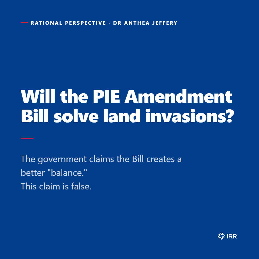 IRR_SouthAfrica's tweet photo. IRR Head of Policy Research Dr Anthea Jeffery unpacks the dangers of the PIE Amendment Bill, in its incremental erosion of property rights and what this means for attracting investment, boosting growth and creating employment. https://t.co/nnH2Xlxkty