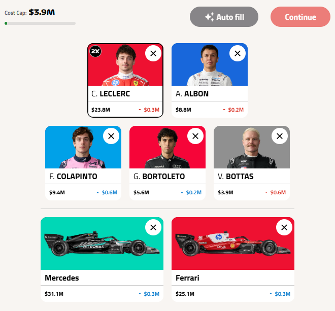 Born2FailInGame's tweet photo. So what do we do with this miserable T1 team then? 😅

Thinking about taking a -10...
Leclerc ➡️ Antonelli
Albon ➡️ Gasly
Bottas ➡️ Hulkenberg

Are we good? 👀

#F1Fantasy https://t.co/gkdb3lt5qs