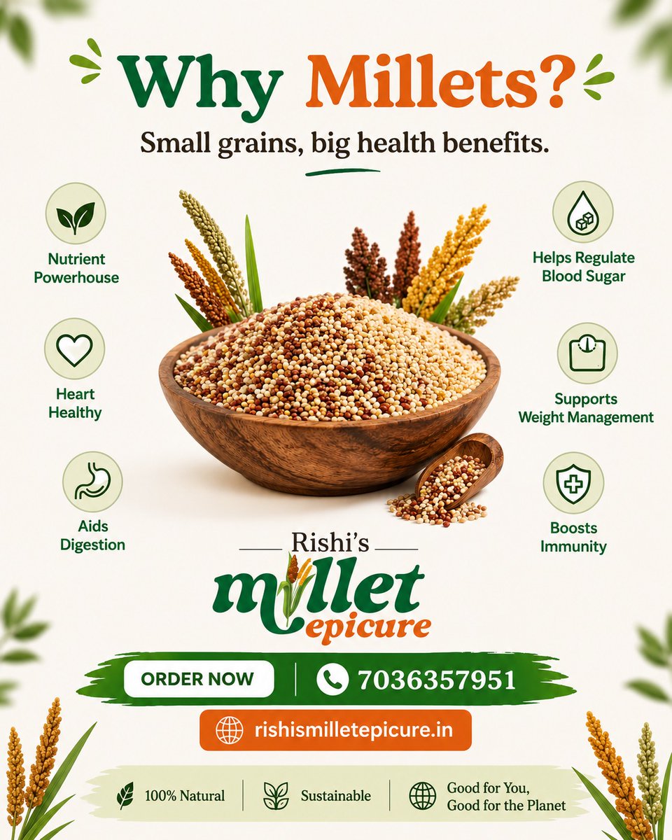 rishimillets's tweet photo. 🌾 Small grains, big benefits! Power your day with nutritious millets that support digestion, immunity, heart health, and energy—naturally delicious in every bite. 💚

#RishisMilletEpicure #WhyMillets #MilletMagic #HealthyLiving #EatHealthy #MilletsOfIndia #Superfoods #Wellness https://t.co/dWre5wxx98
