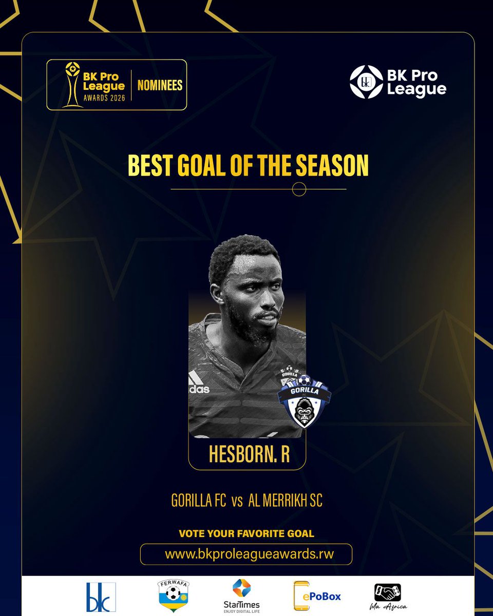Gorillafc_'s tweet photo. Hesbon Rutonesha has been nominated for the prestigious Best Goal of the Season at the 2026 BK Pro League Awards!🦍

🗳️ 𝗩𝗼𝘁𝗲 𝗵𝗲𝗿𝗲: https://t.co/OblXsCDE1D

#GFC #GoalOfTheSeason https://t.co/SdoHFLIqHQ
