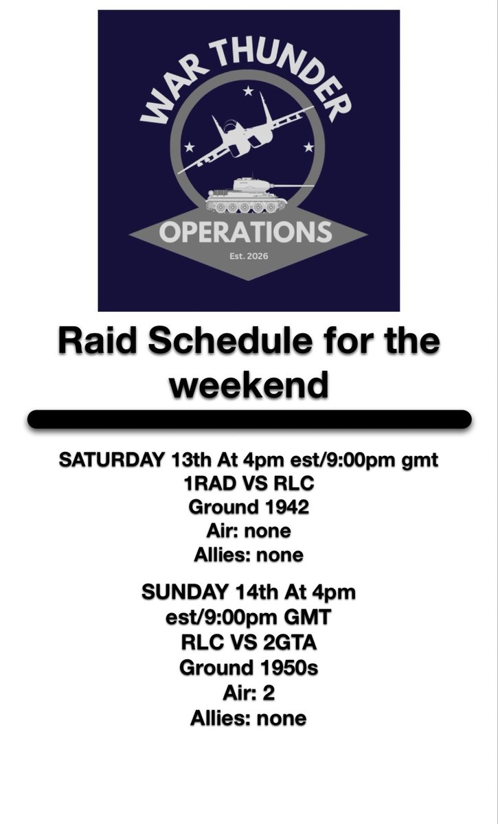 MilsimHub's tweet photo. WEEKEND SCHEDULE 
Discord: https://t.co/UfpPm942a7 
#warthunder 
#gaming 
#milsim 
#history https://t.co/xlVysNBGVm