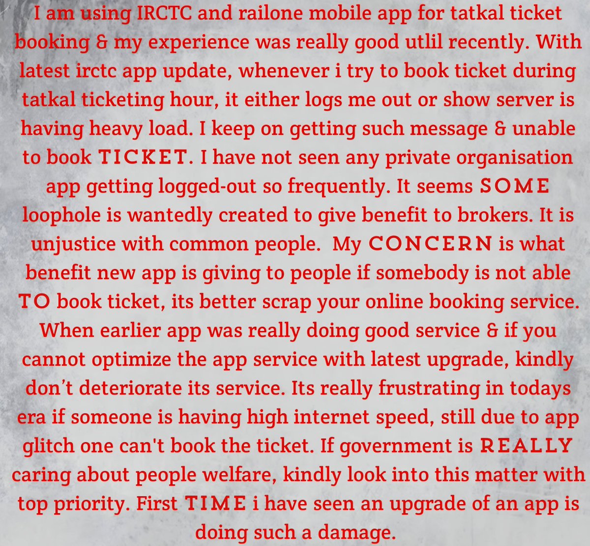abhiarya531's tweet photo. @RailMinIndia @PMOIndia @IRCTCofficial @_DigitalIndia launch of new irctc &amp; railone app i am unable to book tatkal ticket. It's really frustrating that an app upgrade is deteriorating the services. Please look into it. https://t.co/9qlSi7Nrc2