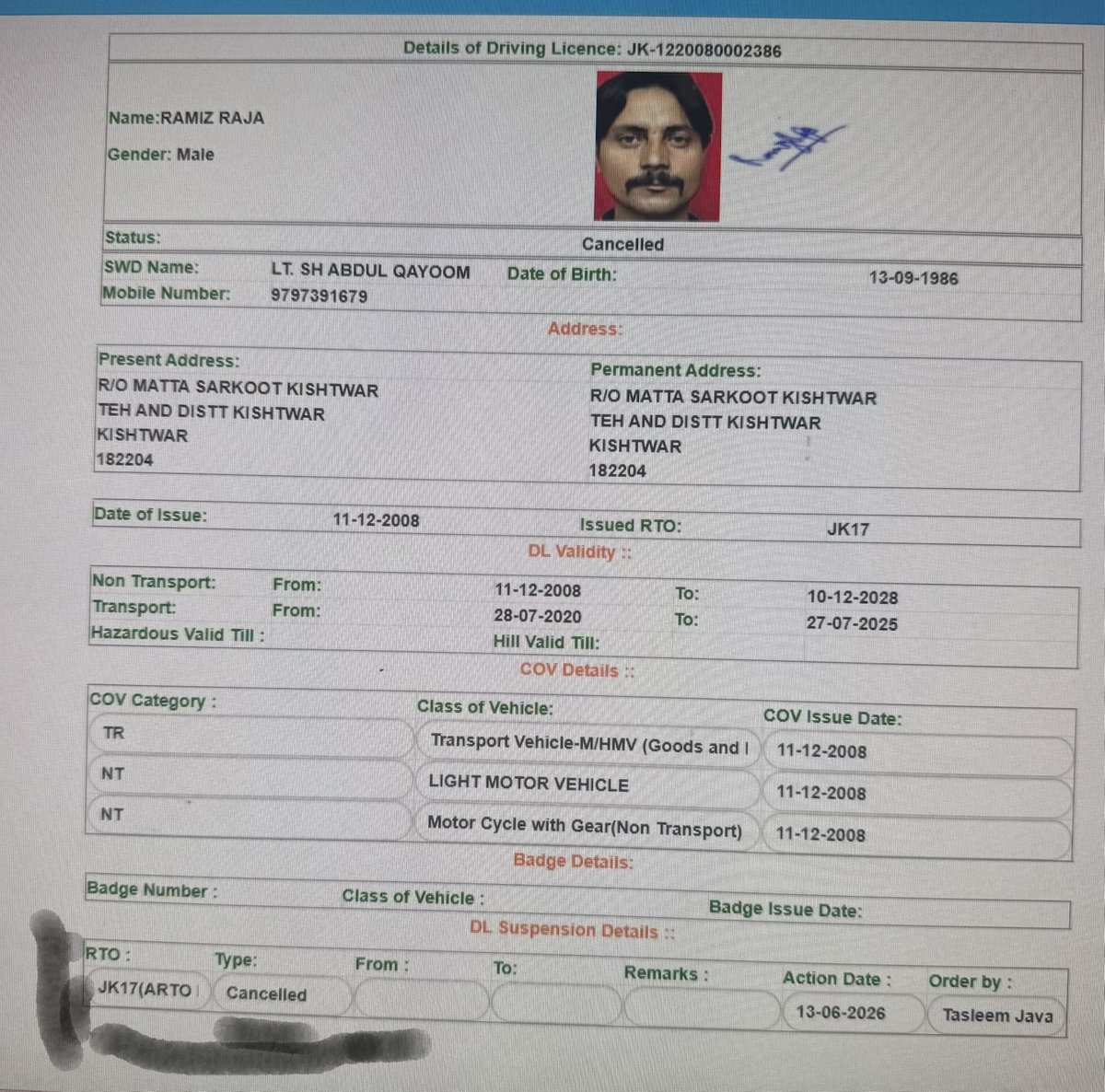 ARTOKishtwarJK's tweet photo. ARTO Kishtwar Suspends Registration of one vehicle &amp; Disqualifies 3 Driving licenses of NDPS accused,Cases recommended by Distt Police Kishtwar &amp; Anantang(PS Kokernag),reinforcing strict action against Drug offenders.@OfficeOfLGJandK @satishsharmajnk @AvnyLavasa @vishesh_jk https://t.co/E4pLlaLwFd