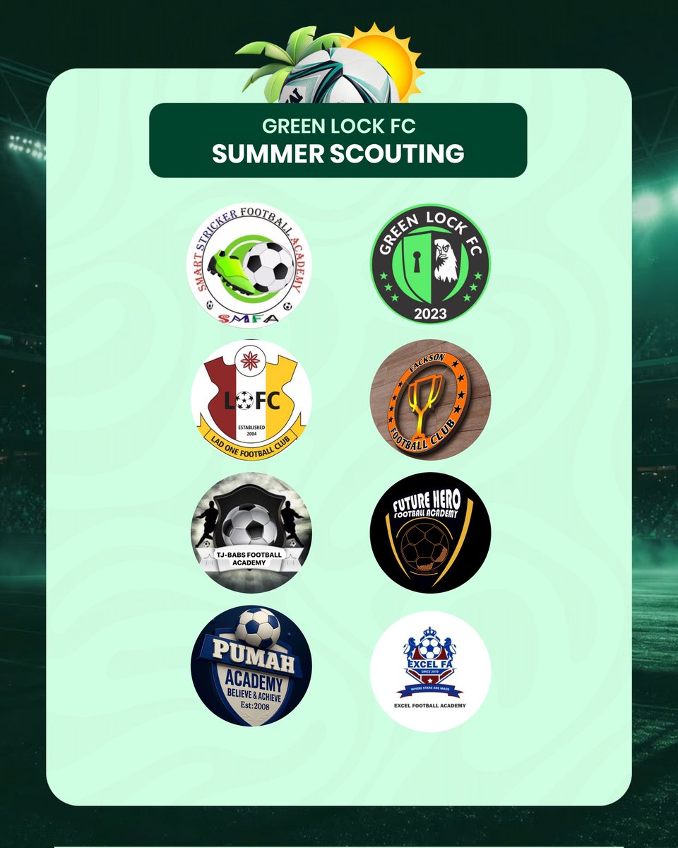 GreenLockFC's tweet photo. 🚨 𝗧𝗘𝗔𝗠𝗦 𝗥𝗘𝗩𝗘𝗔𝗟

We are excited to officially unveil the teams that will be competing in the Green Lock FC Summer Scouting Tournament! 🟢🔏

#GreenLockFC #SummerScouting https://t.co/yEDi7j9amt