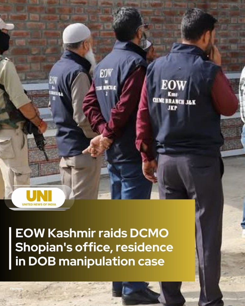 uniindianews's tweet photo. The Economic Offences Wing (EOW) of Crime Branch Kashmir today conducted searches at the office and residence of the Deputy Chief Medical Officer (DCMO), Shopian, in connection with an alleged date-of-birth manipulation case aimed at securing undue service benefits, officials said.

The searches were conducted in the twin districts of Shopian and Pulwama in south Kashmir in connection with an FIR registered under relevant sections of law.

EoW said searches were carried out at the office of the Deputy Chief Medical Officer, Shopian, and his residence at Thamuna, Pulwama, in accordance with due procedures and in the presence of independent witnesses.

@sspcbk | #JammuAndKashmir | #Shopian | #EconomicOffencesWing | #UNI